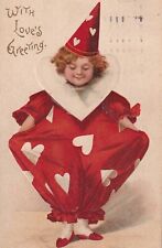 Vintage With Loves Greeting Valentine Postcard Early 1930s Young Girl Clown Suit picture