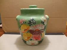 Pottery Cookie Jar Cannister Green with Flowers picture