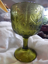 Green Glass Goblet FTD 70s Olive Color Vase Planter Oak Leaf Design 6.5