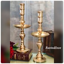 Brass Candle Holders Etched / Drip Pans Large pillar candle sticks 17.5