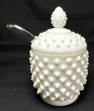 Hobnail Milk Glass Sugar Bowl with Lid & Glass Spoon Vintage Gift Replacement picture