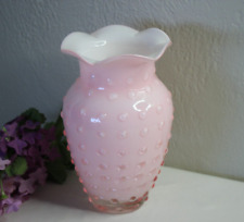 Vintage Fenton Hobnail Pink Cased Glass Flower Vase Ruffled Rim White Interior picture