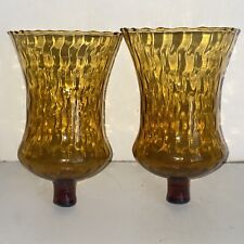 Vintage Pair Ruffled Amber Honeycomb Twist Glass Votive Peg Candleholders picture