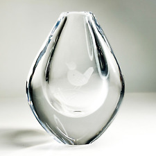 Orrefors Crystal Palmquist Teardrop Vase Bird on Branch Etched Signature Signed picture