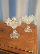 Vintage Jeannette Glass Diamond Point Ruffled Rim Pedestal Compote SET OF 2  picture