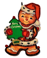 GINGERBREAD MAN in SANTA HAT w MERRY TREE  * Glitter CHRISTMAS ORNAMENT  Vtg Img picture