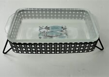 Vtg Modern Georges Briard Fire King Glass Casserole Fish Motif Black Metal Stand picture