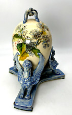 Antique Majolica Hand-Painted Pottery Winged Female Sphinx Guards Egg Vase picture
