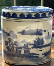 VTG Bombay Chinese Blue White Oval Canister Storage Jar Box Landscape Scene Lid picture
