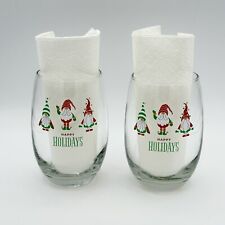 Christmas Gnomes Happy Holidays Stemless Wine Glasses Set Of Two Thick Glass picture