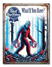 Pabst Blue Ribbon PBR Bigfoot Sasquatch Tin Metal Bar Beer Sign Made In The USA picture