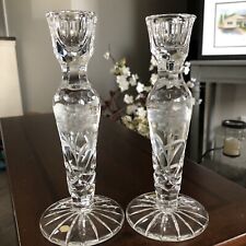 Pair Floral Solid Hungary Crystal Etched Glass 7.5” Candlestick Holders  picture
