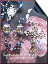 +Handmade Rosary Swarovski Blue Denim AB .925 Sterling Silver Blessed picture