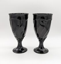 Vintage Pair of Noritake Sweet Swirl Heavy Black Glass Water Goblets 7.5