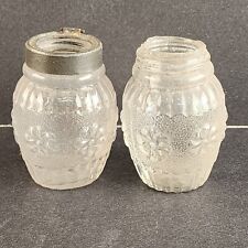2 Antique Shakers Salt Mustard Jars Rough Glass Rosette Glass Clear Metal Lip picture