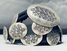 STUNNING VINTAGE NAVAJO HAND STAMPED FLARES STERLING SILVER CONCHO BELT OLD picture