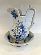 Vintage Victorian Blue Willow Floral Wash Bowl & Pitcher picture