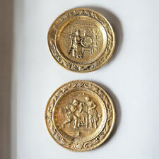 Vintage Peerage England Brass Relief 8 Inch Wall Plates Tavern Set Of 2  picture