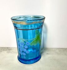 Antique NORTHWOOD Blue Glass Paneled Tumbler Hand-Painted Floral, Flared Top 5” picture