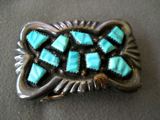 LEEKITY Native American Carved Turquoise Cluster Sterling Silver Belt Buckle picture