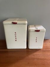 Vintage Art Deco Kreamer Sugar & Tea Canisters - White W/Red Bakelite Knobs picture