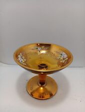 Vintage Amber Floral Enameled Bohemian Glass Pedestal Candy/Trinket Dish picture