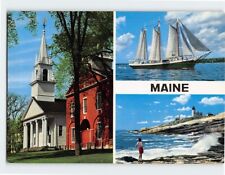 Postcard Lighthouse Old White Church & Three Masted Schooner Maine USA picture