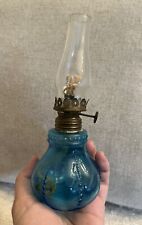 Nice Antique Miniature Oil Lamp Aqua Blue Base 7” Tall Hobnail Embossed picture