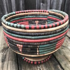 African Vintage Basket Handmade Colorful 8.25” Woven Coiled Boho Decor Pedestal picture