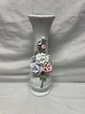 8 inchPorcelain Bud Vase  w/Applied Flowers  Hand Painted. picture