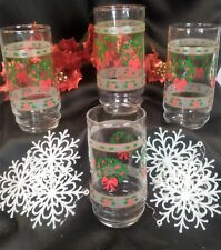 4 Indiana Glass Victorian Christmas 16 Oz Tumblers Wreaths with Holly Berry Band picture