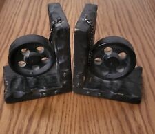 1 Pair Of Vintage Wooden Carved Black Wheel Bookends picture