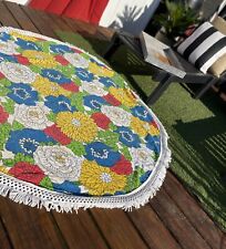 Vtg 60s/70s Terry Cloth Floral Print Round Tablecloth / Beach Towel With Fringe picture