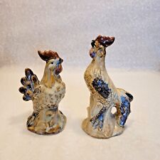  Vintage Tan Black and Blue Ceramic Rooster & Hen Chicken Figurines Farm House picture