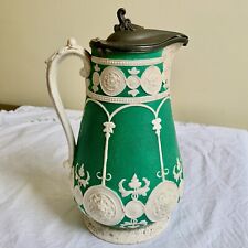Antique Ashworth Green & White Parian Pitcher with Pewter Lid picture