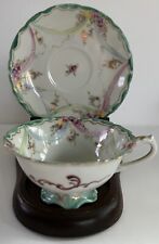 Antique Demitasse Tea Cup & Saucer Hand Painted Pink Blue Green Ribbon Gold Trim picture