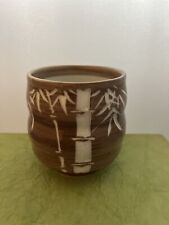 Asian Tea Cup Brown White Bamboo Ceramic 12 oz Vase Planter Tealight Votive picture