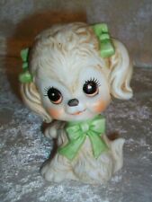 Bisque Porcelain Vintage Green Ribbon Pigtail Poodle Puppy Dog Figurine Japan picture