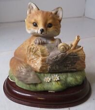 Vintage Rare Figural Fox on Log Snail Wood Base Taiwan 4 1/2
