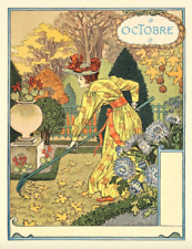 Postcard: Nouveau Print Repro - E. Grasset - October - Woman Raking in Garden picture