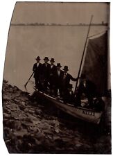 CIRCA 1880s 1/6TH PLATE TINTYPE MEN IN SAILBOAT NAMED ELIZA ON SHORE picture
