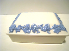White Wedgwood Queensware Lidded Blue Floral Relief Rectangle Trinket Dish 5 In picture