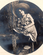 RPPC Young Girl Sits By Tree Classic Fashion Hat VINTAGE Postcard picture