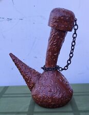 Vtg Spanish Porron Embossed & Tooled Leather Wrapped Decanter with Cork & Chain picture