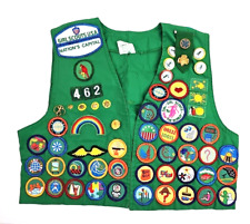 Vintage Girl Scouts Green Vest Uniform Pins and Patches Front n Back Medium Size picture