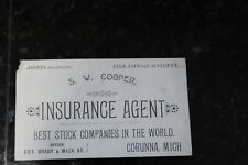 Antique Business Card S.W. Cooper Insurance Agent Corunna, MI Ca. Pre 1900 picture