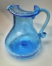 Vintage Turquoise Hand Blown Blenko Crackle Glass Small Pitcher/Vase picture
