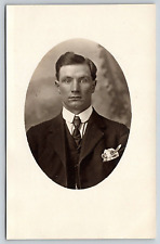 Original Old Vintage Studio Real Photo Postcard Oval Gentleman Suit Tie picture