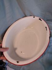 Vintage White Enamelware Basin Bowl with Red Trim Rim Wash Pan Oval Old picture