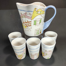 Vintage Ernestine Pottery Pitcher w/ 5 Glasses Salerno Italy Stacked Houses picture
